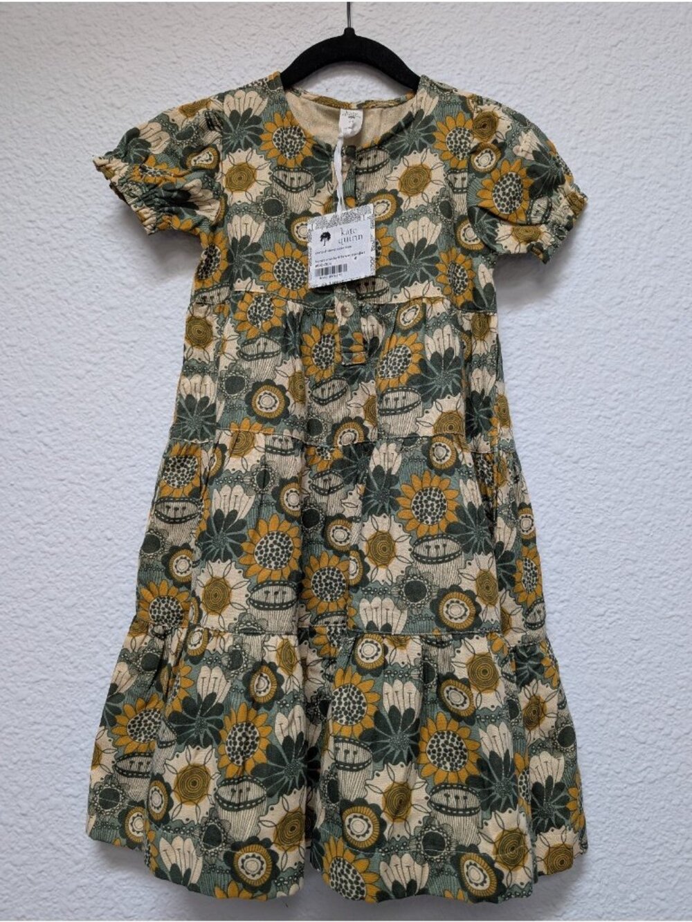 Honey Mustard Doodle Flowers Prairie Dress 4T Organic Cotton Gauze Kate Quinn